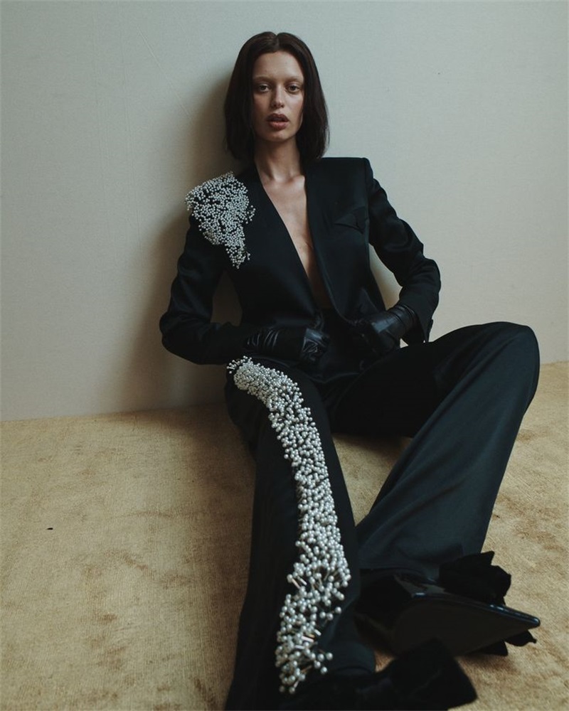 Women'S Formal Wear Tuxedo - Schwarze Damen-Büroanzüge, Set mit Perlen, 2-teilig,