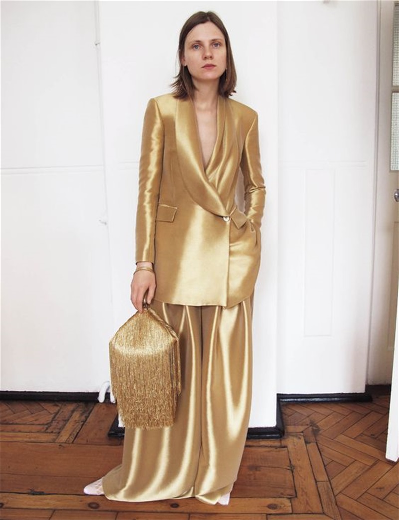 Women'S Formal Wear Tuxedo - Gold-Seidensatin-Damenanzüge, Büro-Set für Hochzeit, Smoking, 2-teilig,