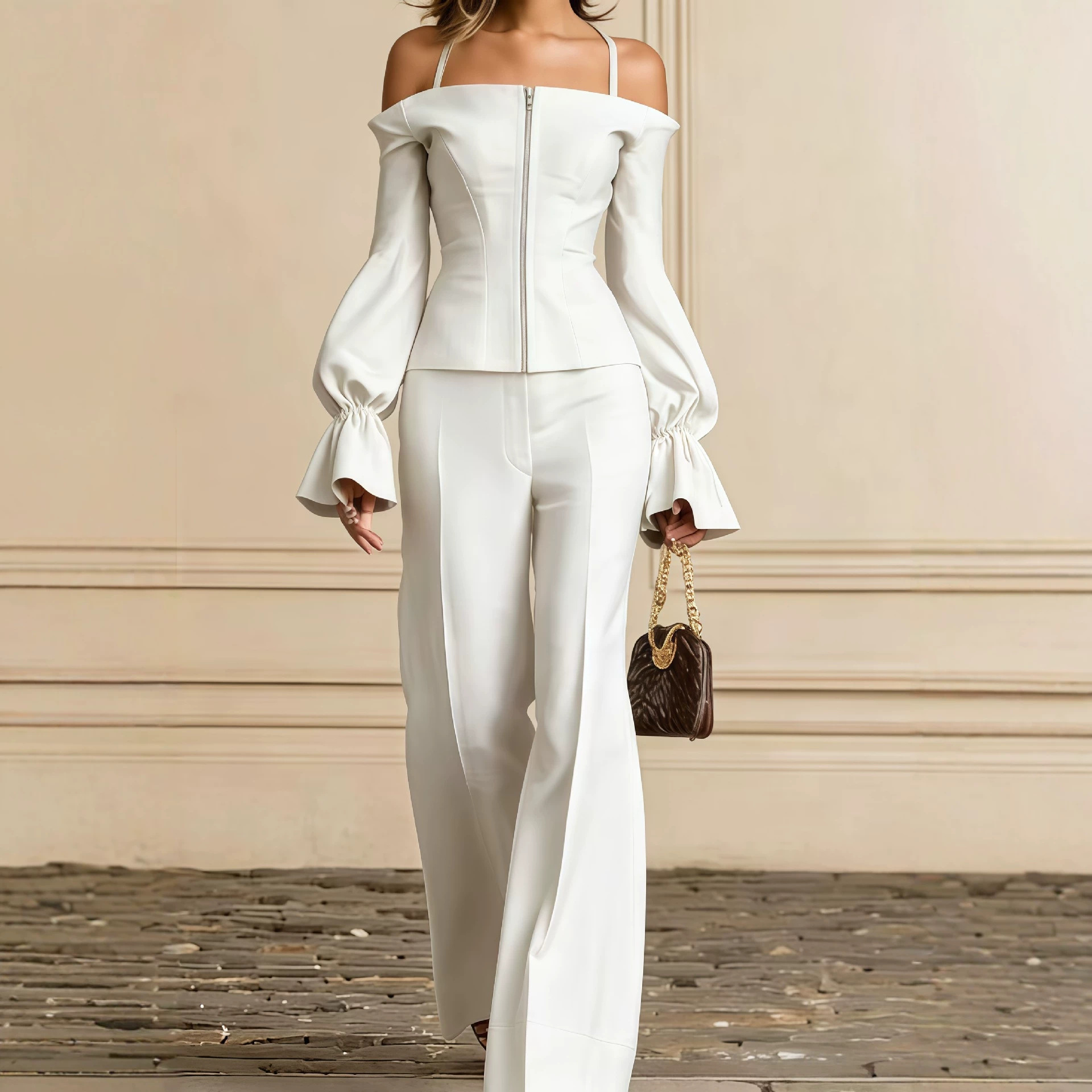 Women'S Formal Wear Pants - 2-teiliges Hosen-Set für Damen, einfarbig, Spaghettiträger,