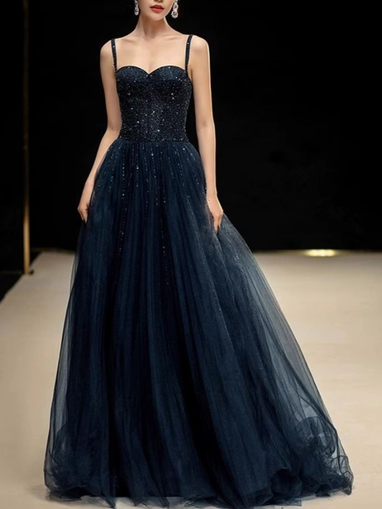 Women Formal Wear For Graduation - Elegantes Prinzessinnen-Kleid in Marineblau mit Pailletten,