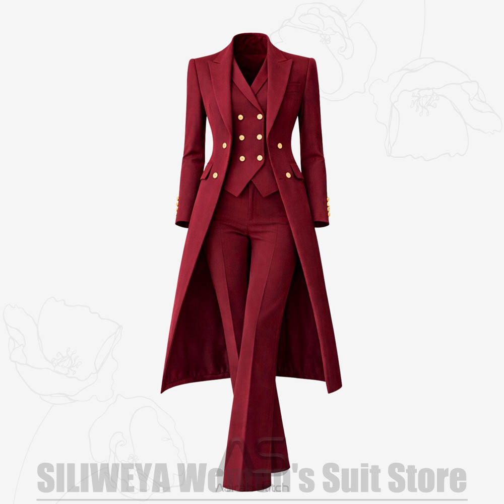 Women'S Formal Wear Pants Suit - Damenanzug 3-teilig Doppelreihiger Langer Mantel Weste