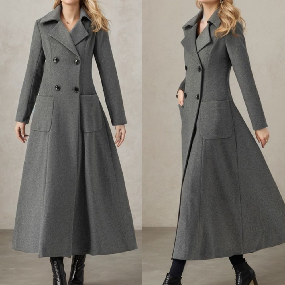 Tailored Coat Wool - Graue lange Damenjacke aus Wolle, zweireihig,