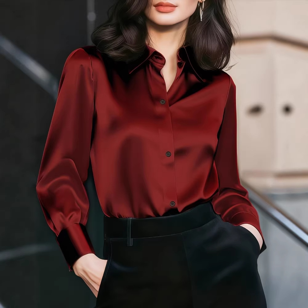 Women'S Office Formal Wear For Ladies - Damen-Satinbluse mit Reverskragen, Knopfleiste, langen Ärmeln,